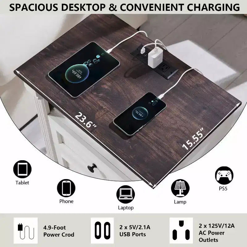 Table de chevet Mastgoal 26 avec station de charge, table d'appoint rustique en bois de style ferme de 23,6 pouces et 3 tiroirs