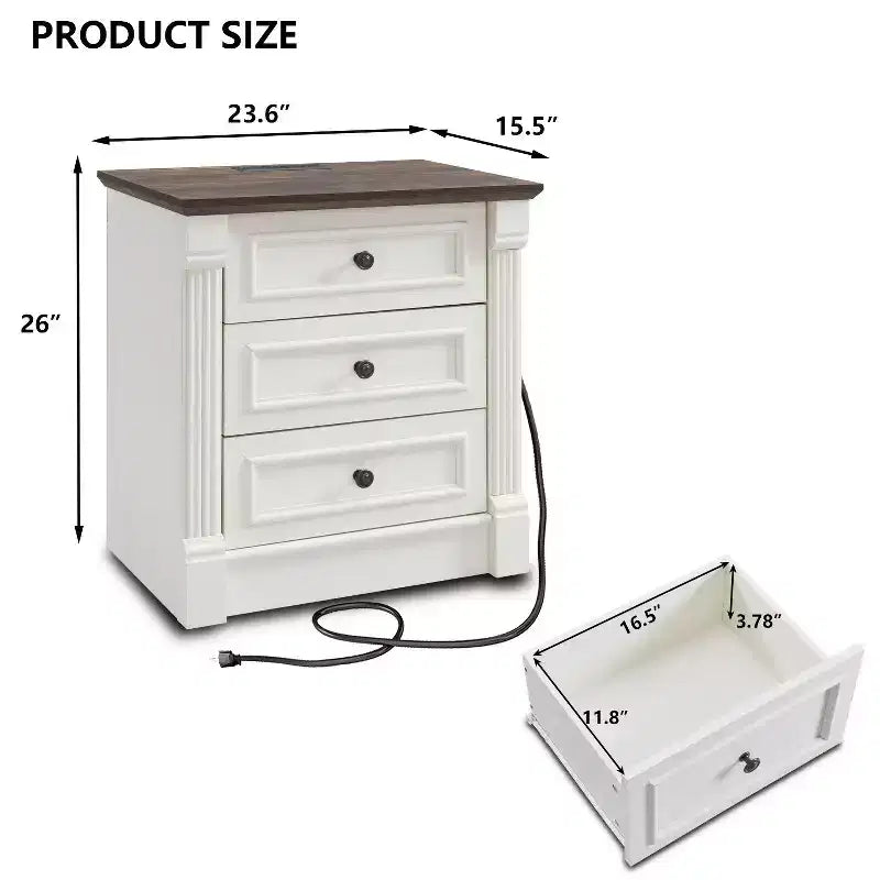 Table de chevet Mastgoal 26 avec station de charge, table d'appoint rustique en bois de style ferme de 23,6 pouces et 3 tiroirs