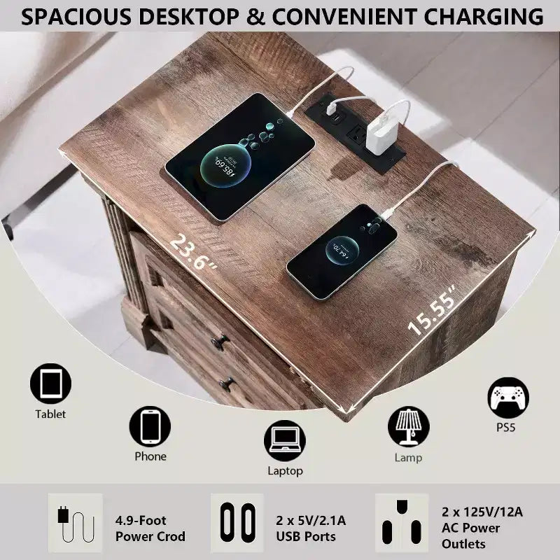 Table de chevet Mastgoal 26 avec station de charge, table d'appoint rustique en bois de style ferme de 23,6 pouces et 3 tiroirs