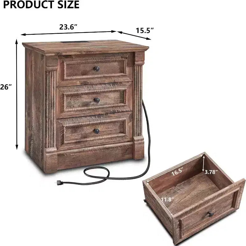 Table de chevet Mastgoal 26 avec station de charge, table d'appoint rustique en bois de style ferme de 23,6 pouces et 3 tiroirs