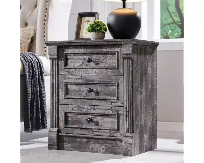 Table de chevet Mastgoal 26 avec station de charge, table d'appoint rustique en bois de style ferme de 23,6 pouces et 3 tiroirs