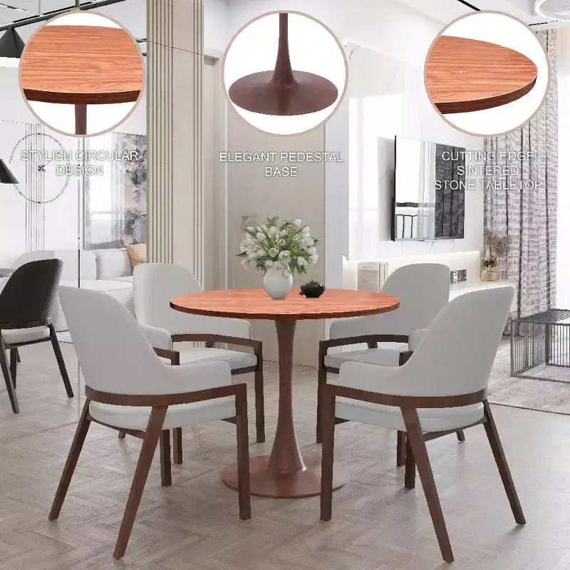 Table de salle à manger ronde LeisureMod Bristol 27, plateau en MDF avec base piédestal en acier noyer, table d'appoint moderne pour cuisine et salle à manger pour petits espaces
