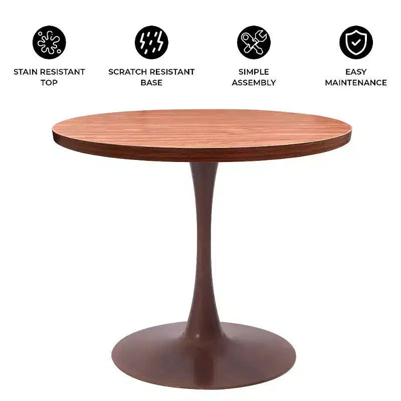 Table de salle à manger ronde LeisureMod Bristol 27, plateau en MDF avec base piédestal en acier noyer, table d'appoint moderne pour cuisine et salle à manger pour petits espaces