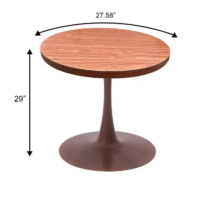 Table de salle à manger ronde LeisureMod Bristol 27, plateau en MDF avec base piédestal en acier noyer, table d'appoint moderne pour cuisine et salle à manger pour petits espaces