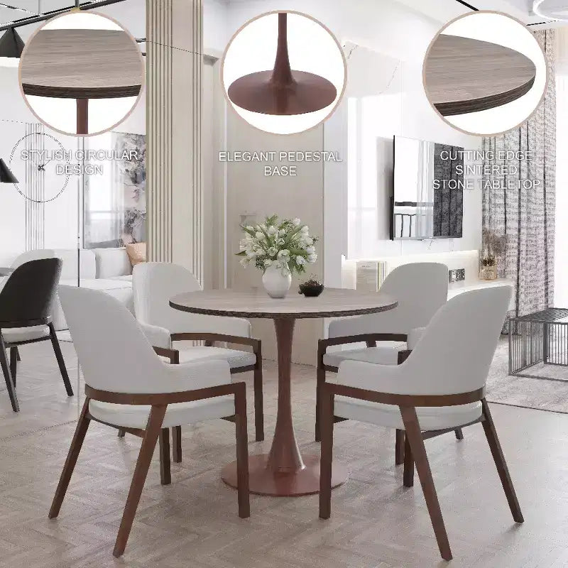 Table de salle à manger ronde LeisureMod Bristol 27, plateau en MDF avec base piédestal en acier noyer, table d'appoint moderne pour cuisine et salle à manger pour petits espaces
