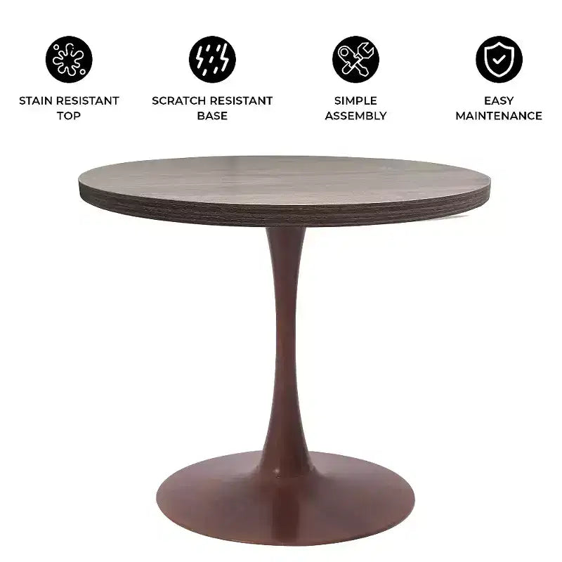 Table de salle à manger ronde LeisureMod Bristol 27, plateau en MDF avec base piédestal en acier noyer, table d'appoint moderne pour cuisine et salle à manger pour petits espaces