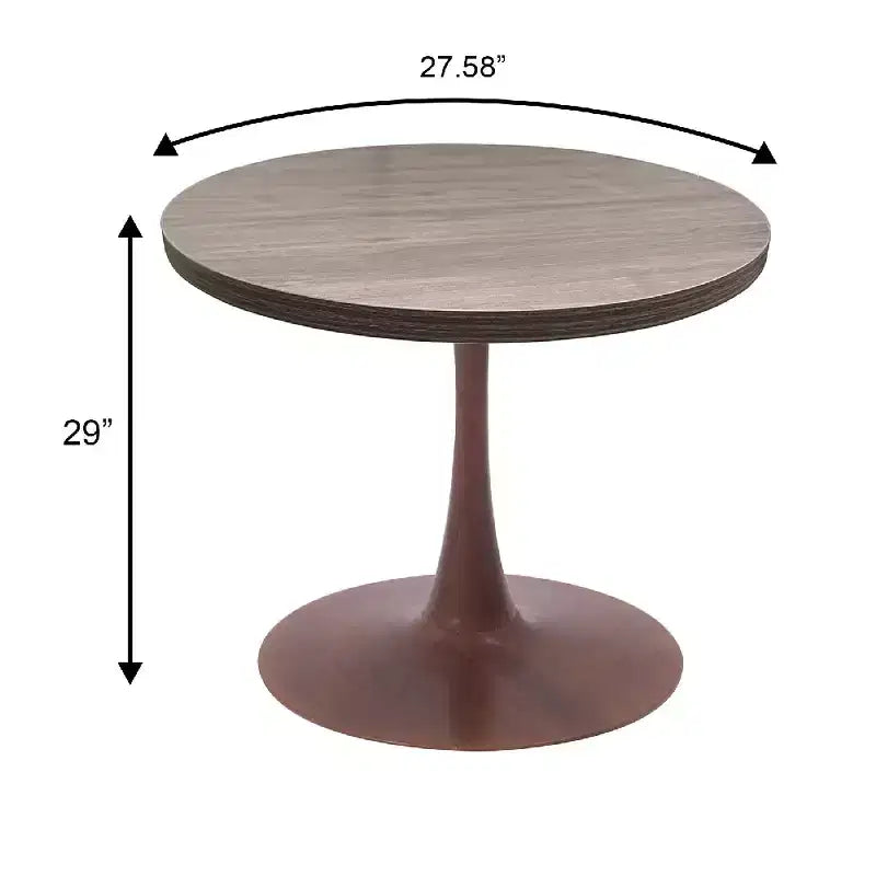 Table de salle à manger ronde LeisureMod Bristol 27, plateau en MDF avec base piédestal en acier noyer, table d'appoint moderne pour cuisine et salle à manger pour petits espaces