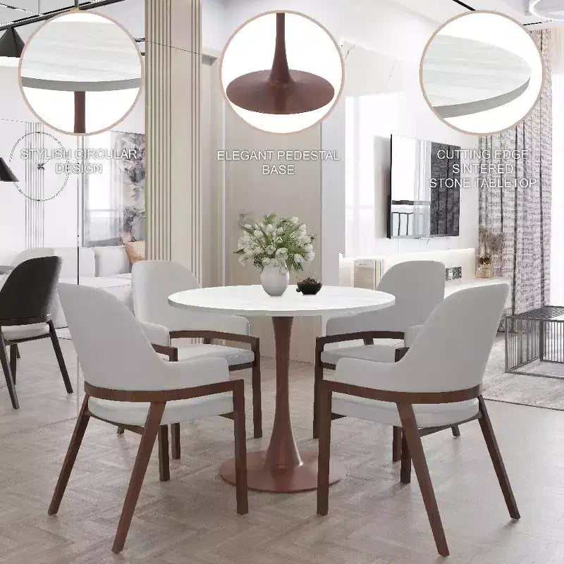 Table de salle à manger ronde LeisureMod Bristol 27, plateau en MDF avec base piédestal en acier noyer, table d'appoint moderne pour cuisine et salle à manger pour petits espaces