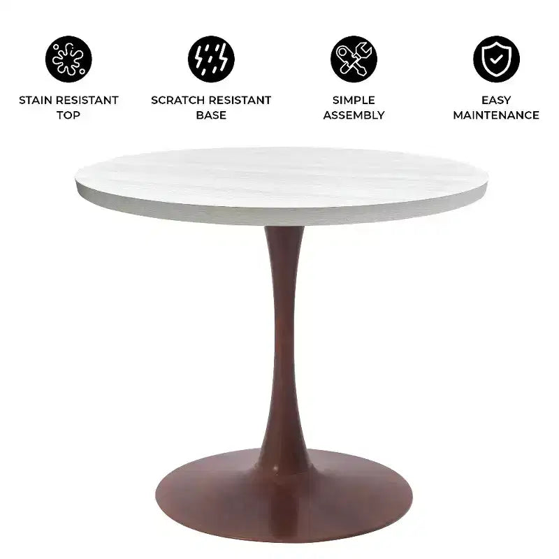 Table de salle à manger ronde LeisureMod Bristol 27, plateau en MDF avec base piédestal en acier noyer, table d'appoint moderne pour cuisine et salle à manger pour petits espaces