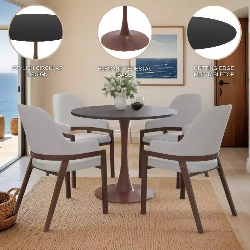 Table de salle à manger ronde LeisureMod Bristol 27, plateau en MDF avec base piédestal en acier noyer, table d'appoint moderne pour cuisine et salle à manger pour petits espaces