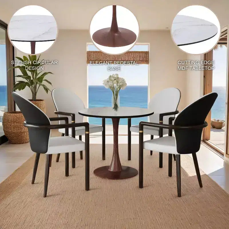 Table de salle à manger ronde LeisureMod Bristol 27, plateau en MDF avec base piédestal en acier noyer, table d'appoint moderne pour cuisine et salle à manger pour petits espaces