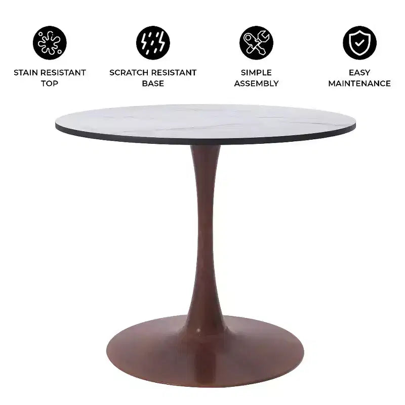 Table de salle à manger ronde LeisureMod Bristol 27, plateau en MDF avec base piédestal en acier noyer, table d'appoint moderne pour cuisine et salle à manger pour petits espaces