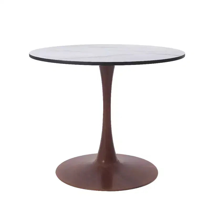 Table de salle à manger ronde LeisureMod Bristol 27, plateau en MDF avec base piédestal en acier noyer, table d'appoint moderne pour cuisine et salle à manger pour petits espaces