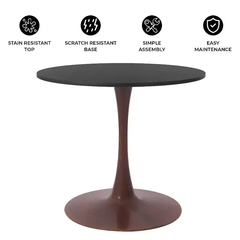 Table de salle à manger ronde LeisureMod Bristol 27, plateau en MDF avec base piédestal en acier noyer, table d'appoint moderne pour cuisine et salle à manger pour petits espaces