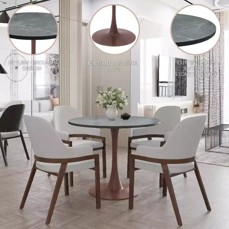 Table de salle à manger ronde LeisureMod Bristol 27, plateau en MDF avec base piédestal en acier noyer, table d'appoint moderne pour cuisine et salle à manger pour petits espaces