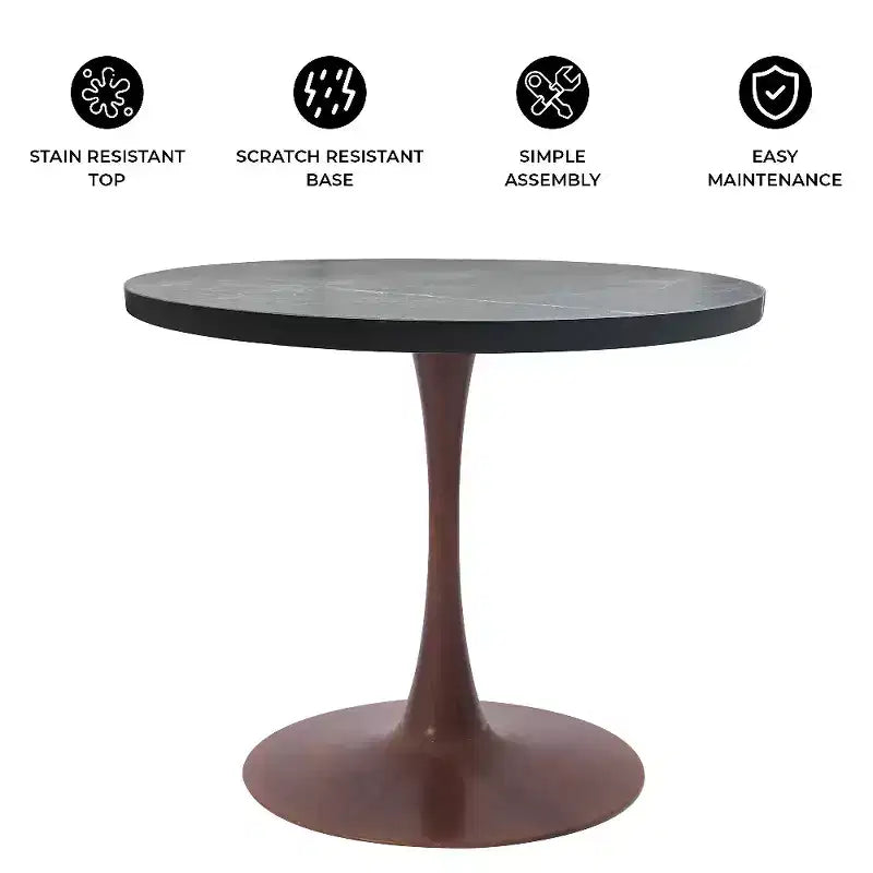 Table de salle à manger ronde LeisureMod Bristol 27, plateau en MDF avec base piédestal en acier noyer, table d'appoint moderne pour cuisine et salle à manger pour petits espaces