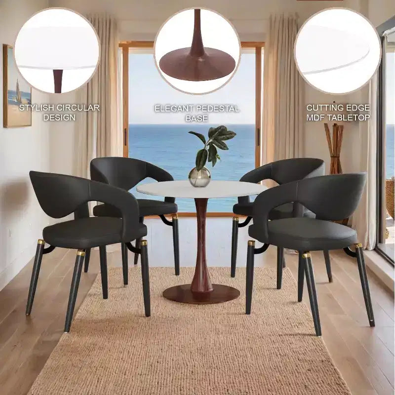 Table de salle à manger ronde LeisureMod Bristol 27, plateau en MDF avec base piédestal en acier noyer, table d'appoint moderne pour cuisine et salle à manger pour petits espaces