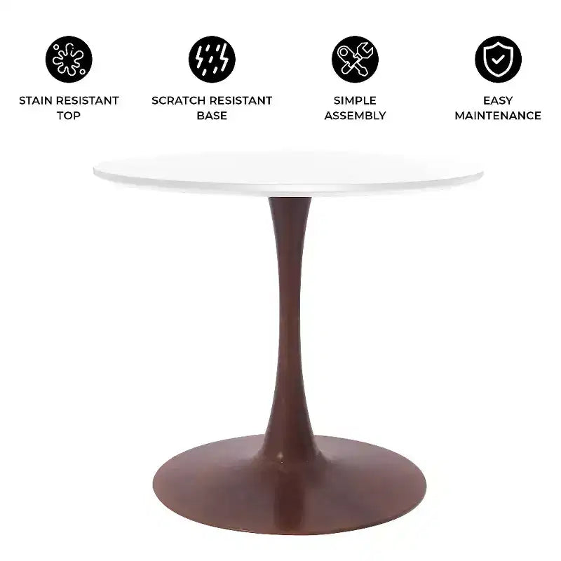 Table de salle à manger ronde LeisureMod Bristol 27, plateau en MDF avec base piédestal en acier noyer, table d'appoint moderne pour cuisine et salle à manger pour petits espaces