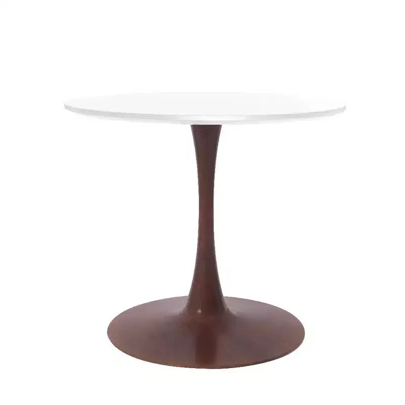 Table de salle à manger ronde LeisureMod Bristol 27, plateau en MDF avec base piédestal en acier noyer, table d'appoint moderne pour cuisine et salle à manger pour petits espaces