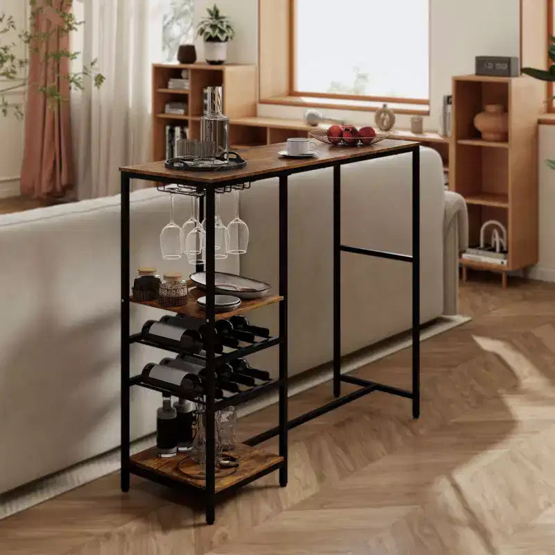 Table de bar longue Costway 48 avec étagères de rangement, casiers à vin et porte-verres pour cuisine