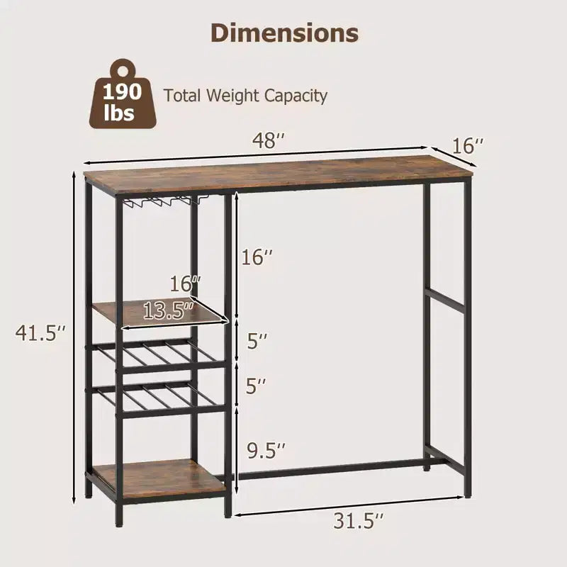 Table de bar longue Costway 48 avec étagères de rangement, casiers à vin et porte-verres pour cuisine