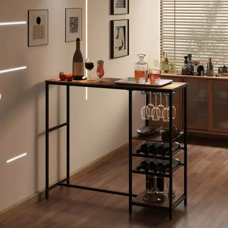 Table de bar longue Costway 48 avec étagères de rangement, casiers à vin et porte-verres pour cuisine