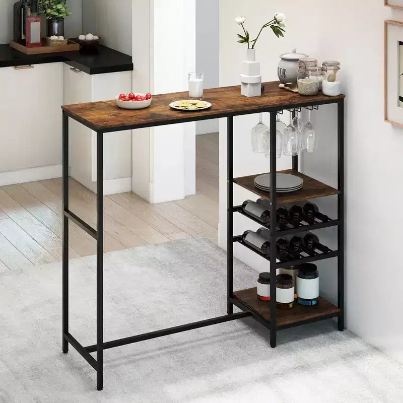 Table de bar longue Costway 48 avec étagères de rangement, casiers à vin et porte-verres pour cuisine