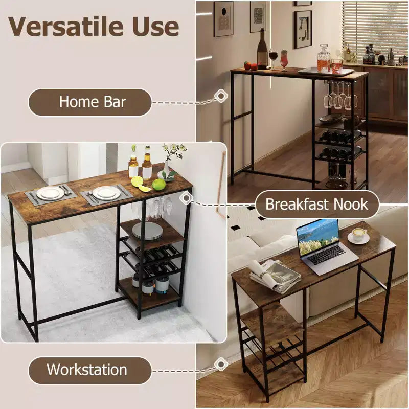 Table de bar longue Costway 48 avec étagères de rangement, casiers à vin et porte-verres pour cuisine