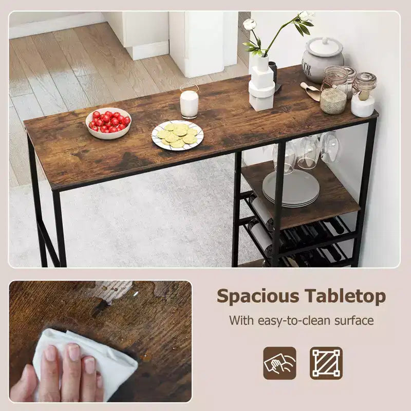 Table de bar longue Costway 48 avec étagères de rangement, casiers à vin et porte-verres pour cuisine
