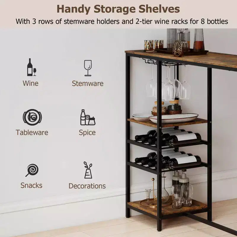 Table de bar longue Costway 48 avec étagères de rangement, casiers à vin et porte-verres pour cuisine