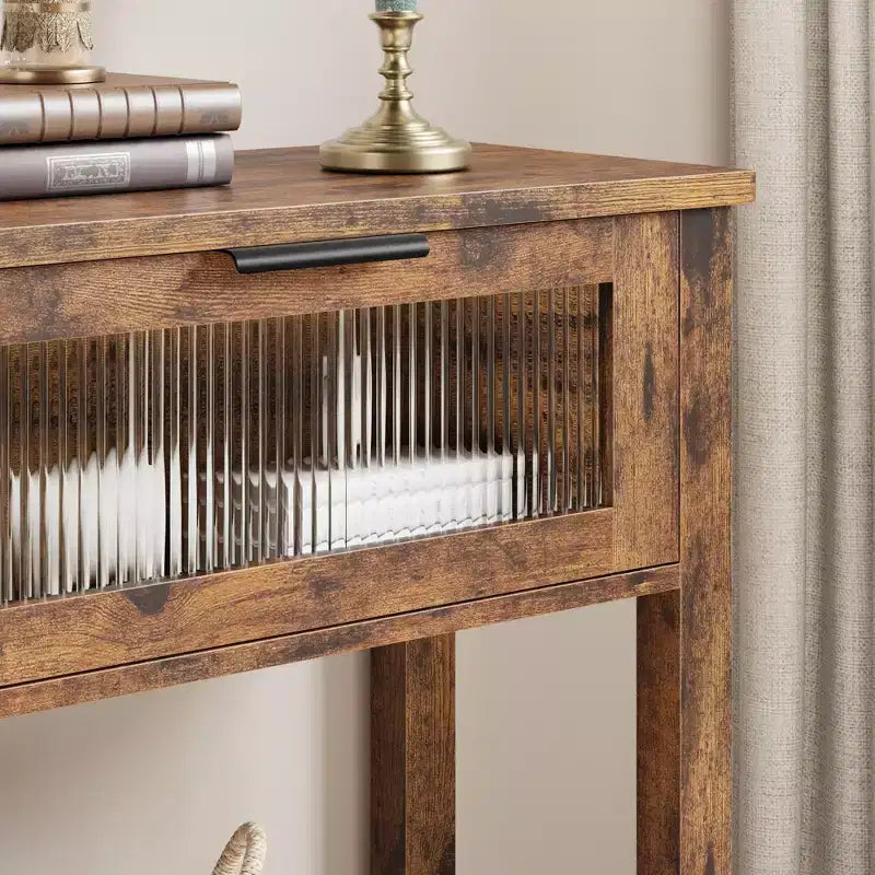 Table d'entrée de 109 cm avec rangement, console en bois à 2 niveaux avec 2 tiroirs en verre et étagère de rangement ouverte pour salon, couloir, vestibule