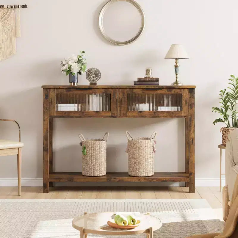 Table d'entrée de 109 cm avec rangement, console en bois à 2 niveaux avec 2 tiroirs en verre et étagère de rangement ouverte pour salon, couloir, vestibule
