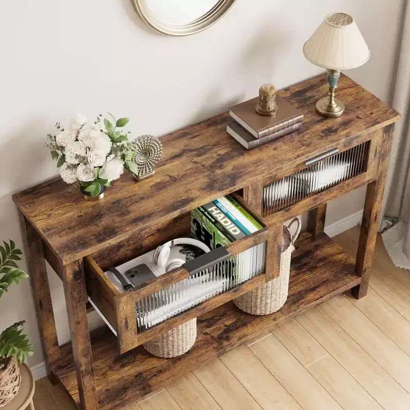 Table d'entrée de 109 cm avec rangement, console en bois à 2 niveaux avec 2 tiroirs en verre et étagère de rangement ouverte pour salon, couloir, vestibule
