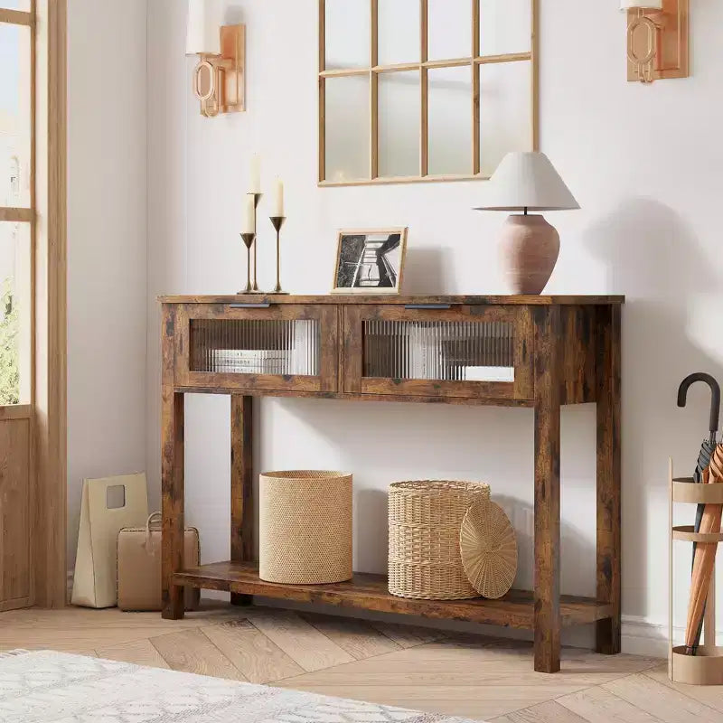 Table d'entrée de 109 cm avec rangement, console en bois à 2 niveaux avec 2 tiroirs en verre et étagère de rangement ouverte pour salon, couloir, vestibule