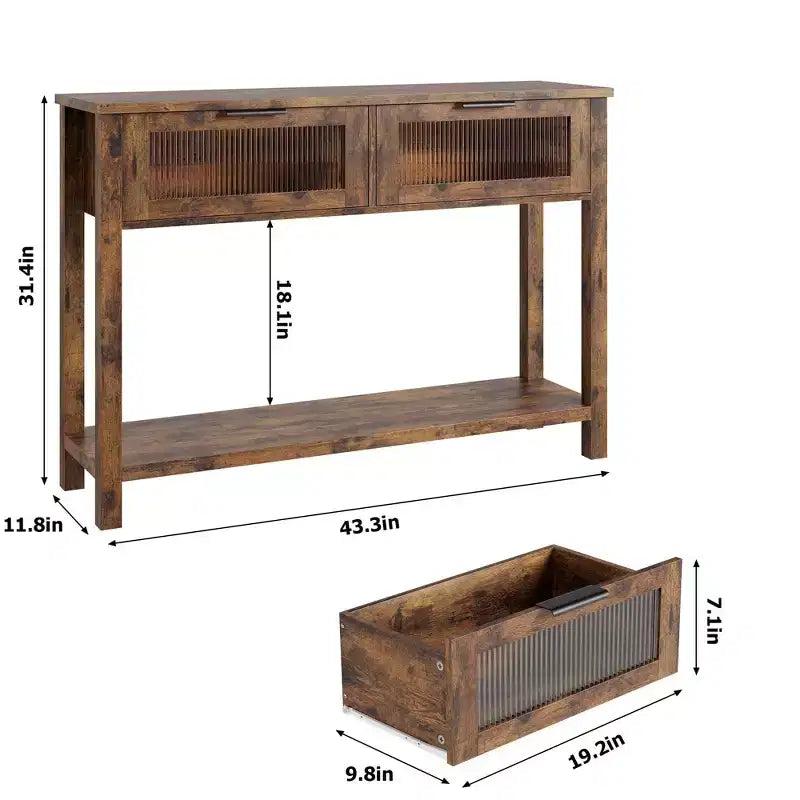 Table d'entrée de 109 cm avec rangement, console en bois à 2 niveaux avec 2 tiroirs en verre et étagère de rangement ouverte pour salon, couloir, vestibule