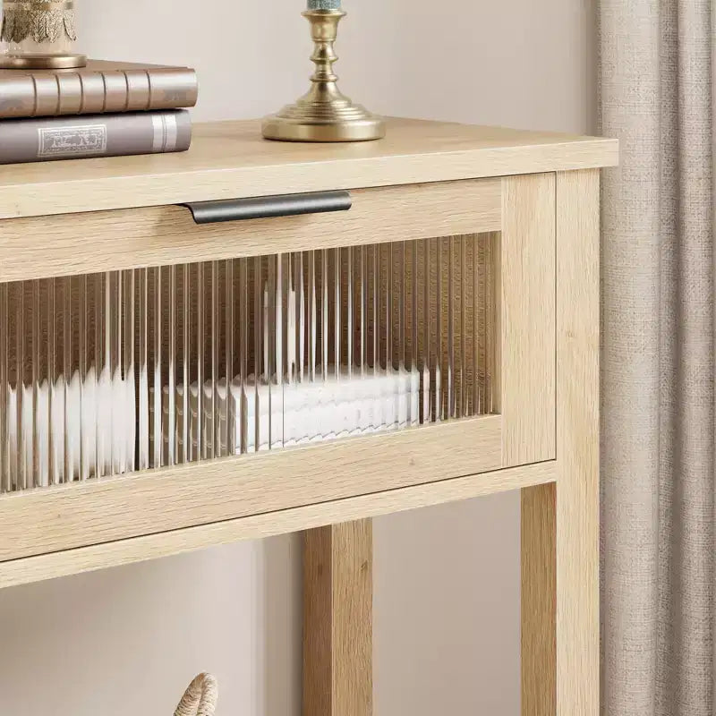 Table d'entrée de 109 cm avec rangement, console en bois à 2 niveaux avec 2 tiroirs en verre et étagère de rangement ouverte pour salon, couloir, vestibule
