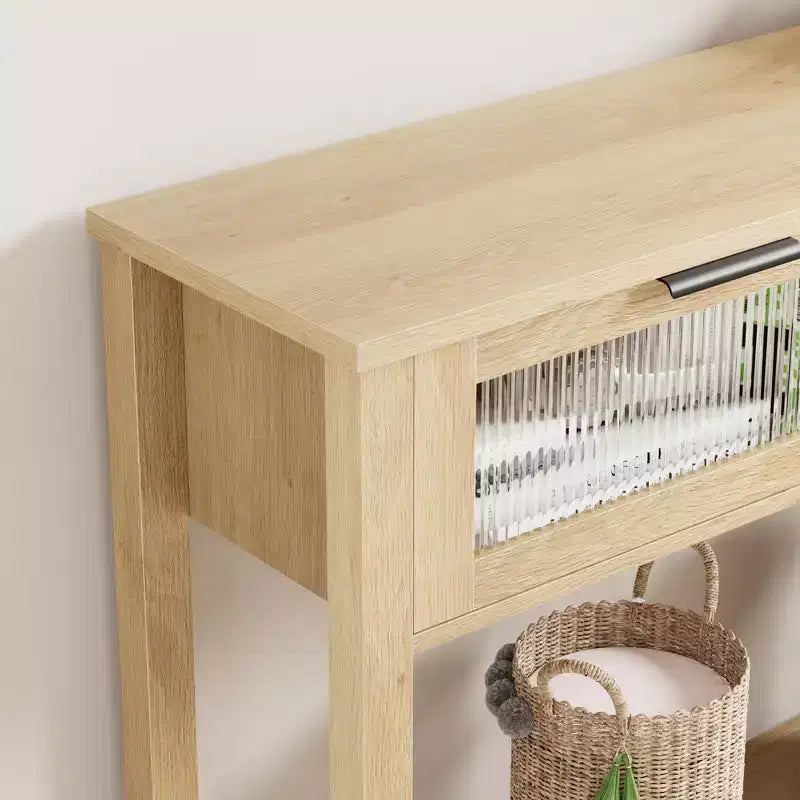 Table d'entrée de 109 cm avec rangement, console en bois à 2 niveaux avec 2 tiroirs en verre et étagère de rangement ouverte pour salon, couloir, vestibule