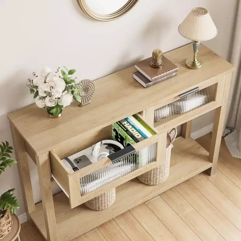 Table d'entrée de 109 cm avec rangement, console en bois à 2 niveaux avec 2 tiroirs en verre et étagère de rangement ouverte pour salon, couloir, vestibule