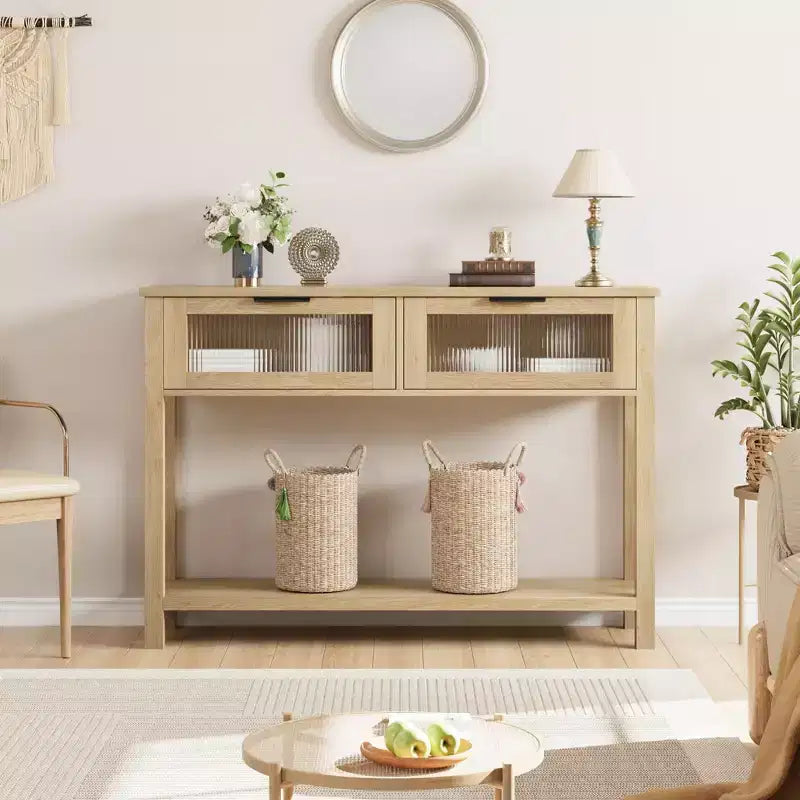 Table d'entrée de 109 cm avec rangement, console en bois à 2 niveaux avec 2 tiroirs en verre et étagère de rangement ouverte pour salon, couloir, vestibule
