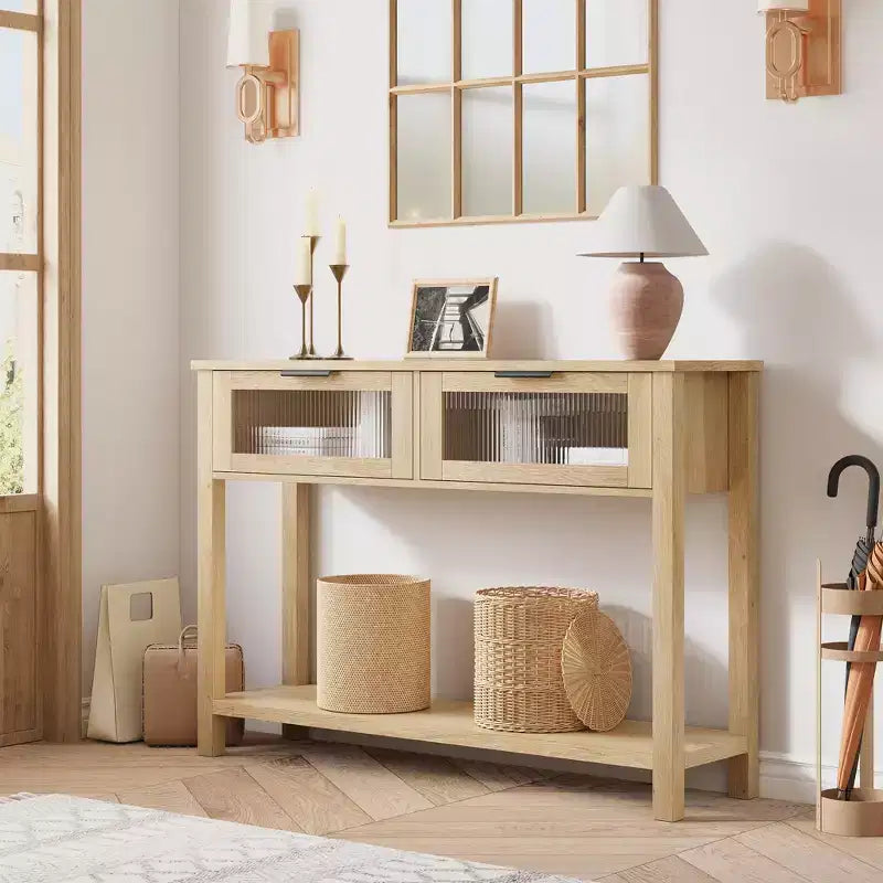 Table d'entrée de 109 cm avec rangement, console en bois à 2 niveaux avec 2 tiroirs en verre et étagère de rangement ouverte pour salon, couloir, vestibule