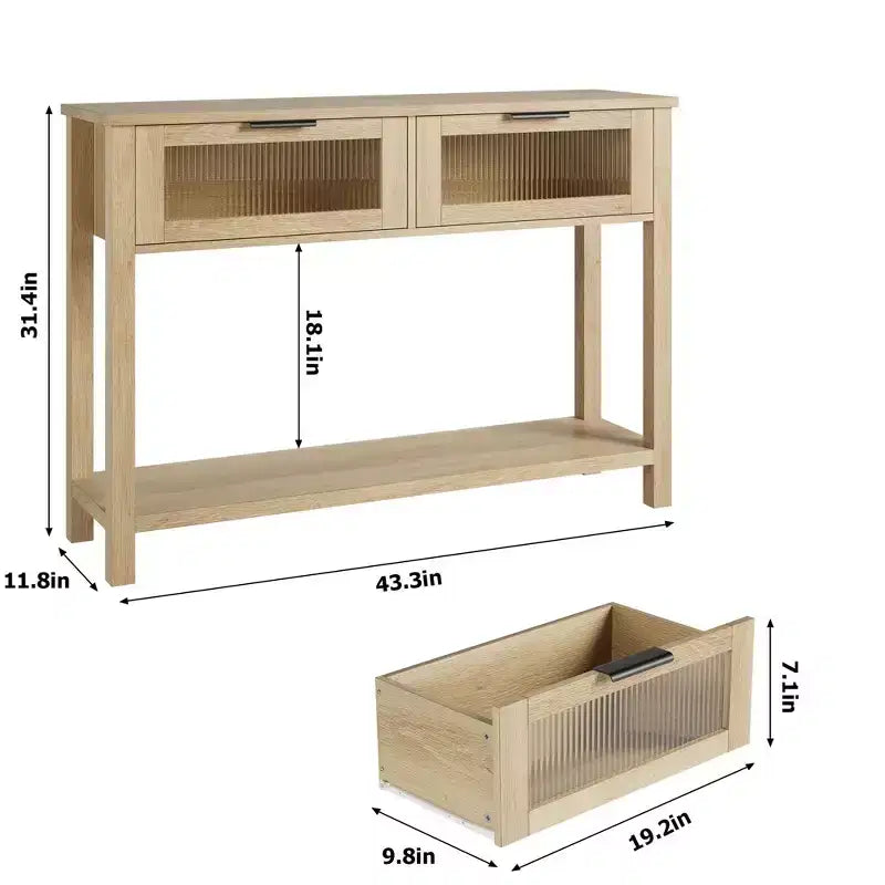 Table d'entrée de 109 cm avec rangement, console en bois à 2 niveaux avec 2 tiroirs en verre et étagère de rangement ouverte pour salon, couloir, vestibule