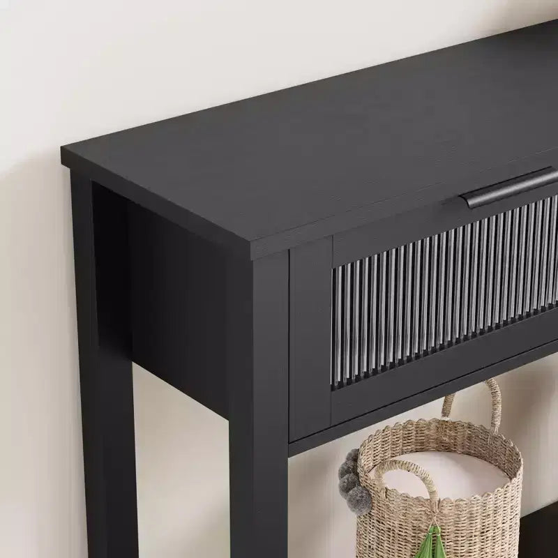 Table d'entrée de 109 cm avec rangement, console en bois à 2 niveaux avec 2 tiroirs en verre et étagère de rangement ouverte pour salon, couloir, vestibule