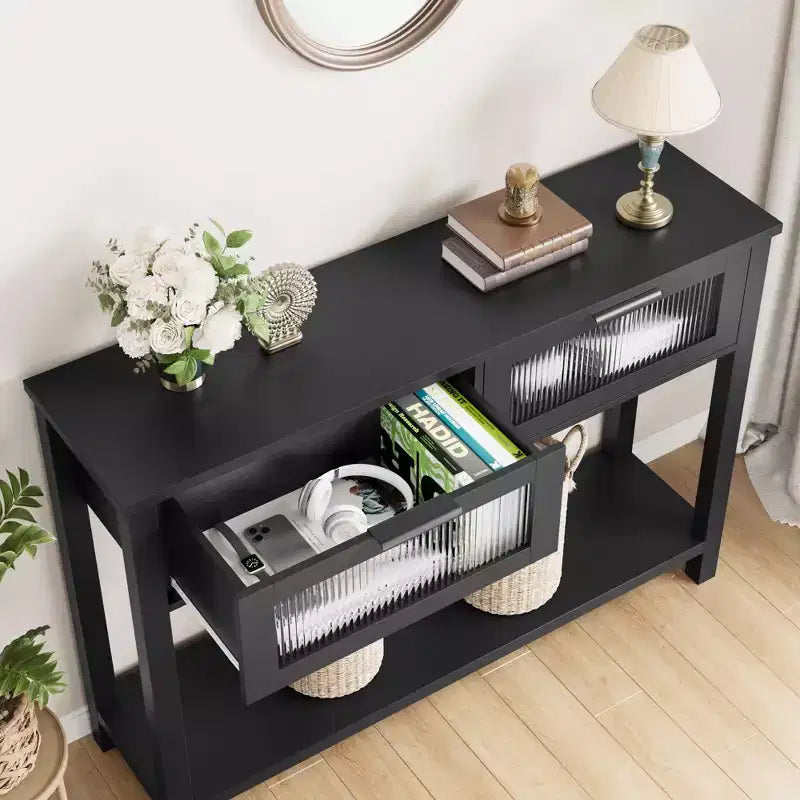 Table d'entrée de 109 cm avec rangement, console en bois à 2 niveaux avec 2 tiroirs en verre et étagère de rangement ouverte pour salon, couloir, vestibule