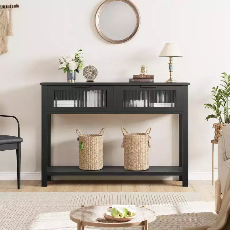 Table d'entrée de 109 cm avec rangement, console en bois à 2 niveaux avec 2 tiroirs en verre et étagère de rangement ouverte pour salon, couloir, vestibule