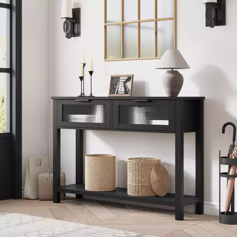 Table d'entrée de 109 cm avec rangement, console en bois à 2 niveaux avec 2 tiroirs en verre et étagère de rangement ouverte pour salon, couloir, vestibule