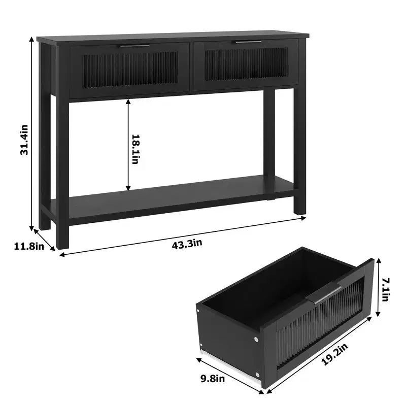 Table d'entrée de 109 cm avec rangement, console en bois à 2 niveaux avec 2 tiroirs en verre et étagère de rangement ouverte pour salon, couloir, vestibule