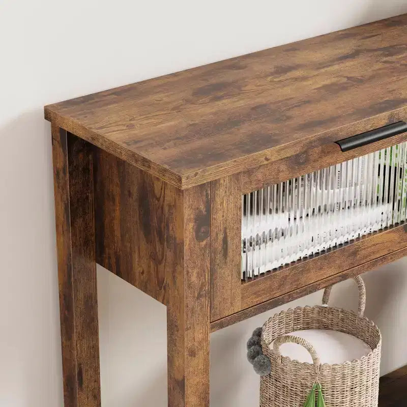 Table d'entrée de 109 cm avec rangement, console en bois à 2 niveaux avec 2 tiroirs en verre et étagère de rangement ouverte pour salon, couloir, vestibule