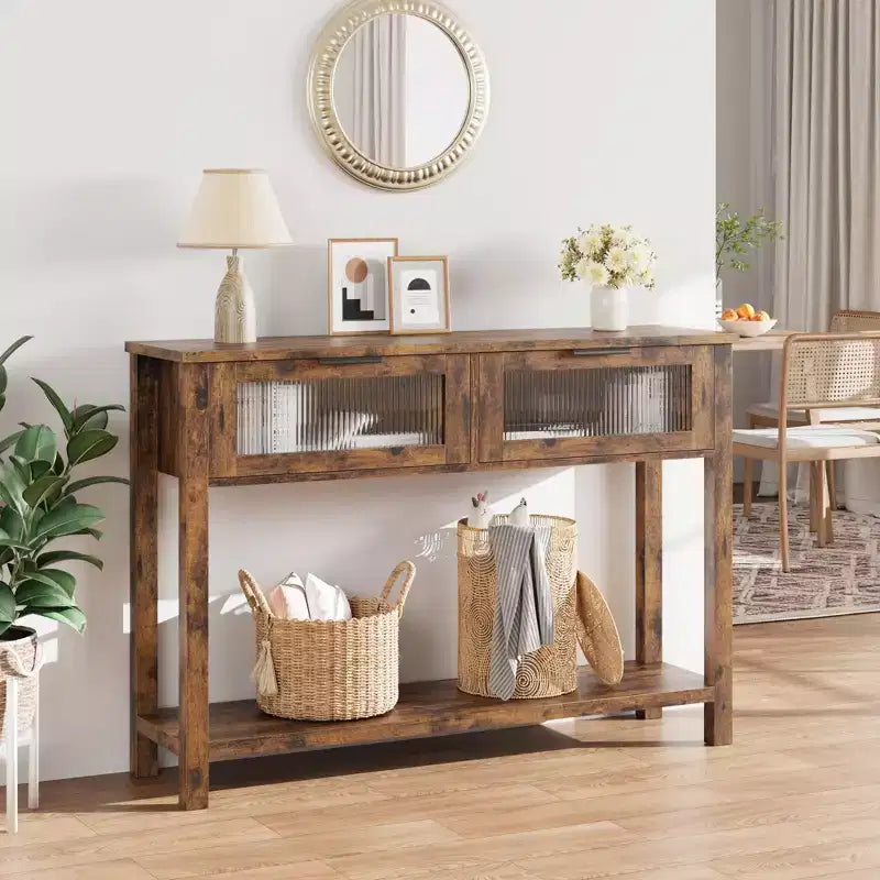 Table d'entrée de 109 cm avec rangement, console en bois à 2 niveaux avec 2 tiroirs en verre et étagère de rangement ouverte pour salon, couloir, vestibule