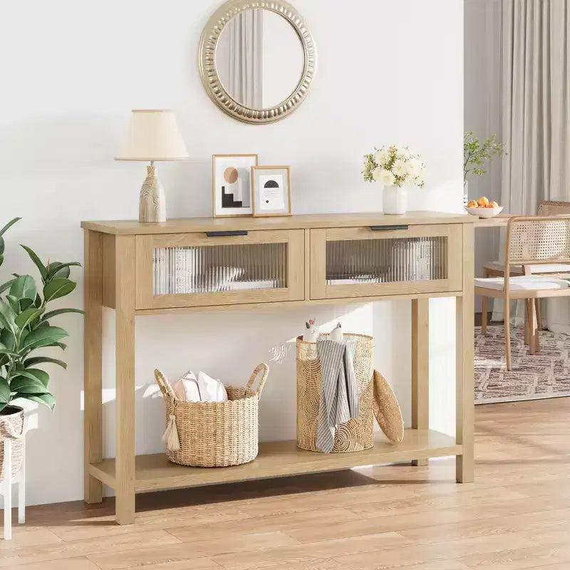 Table d'entrée de 109 cm avec rangement, console en bois à 2 niveaux avec 2 tiroirs en verre et étagère de rangement ouverte pour salon, couloir, vestibule