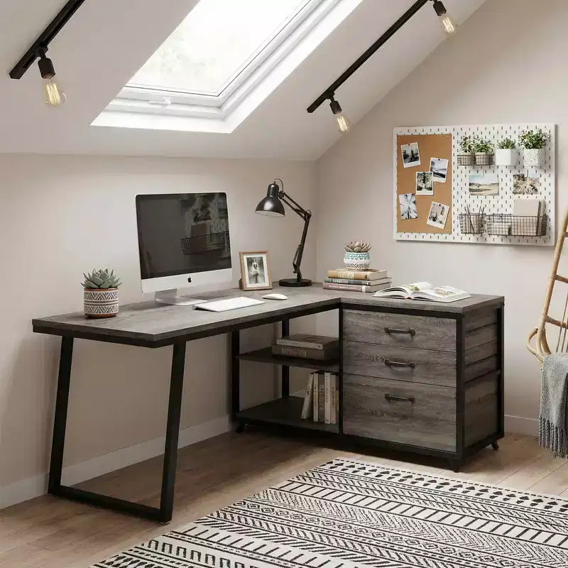 MAYEERTY Reversible L-Shaped Desk with 3 Drawers & Open Shelves, 53 Home Office Computer Desk